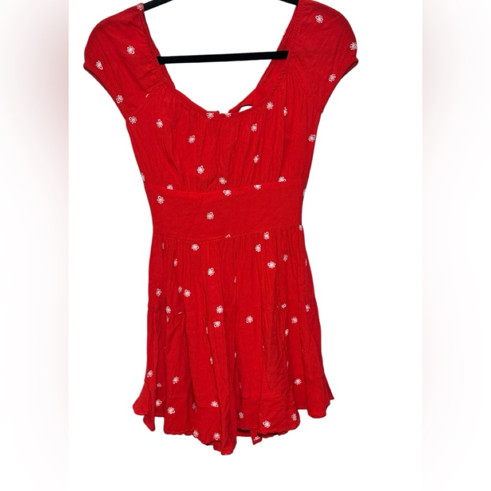 For‎ Love and Lemons Red Floral Embroidered Mini Dress Cap Sleeve Tie Back XS